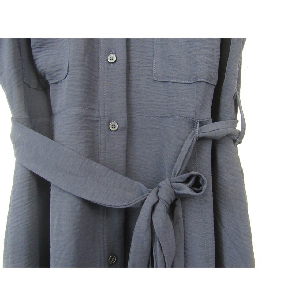 DKNY Size 16 Sleeveless Navy Blue Button Down Shirt Dress Mini Belted V Neck - Picture 3 of 8